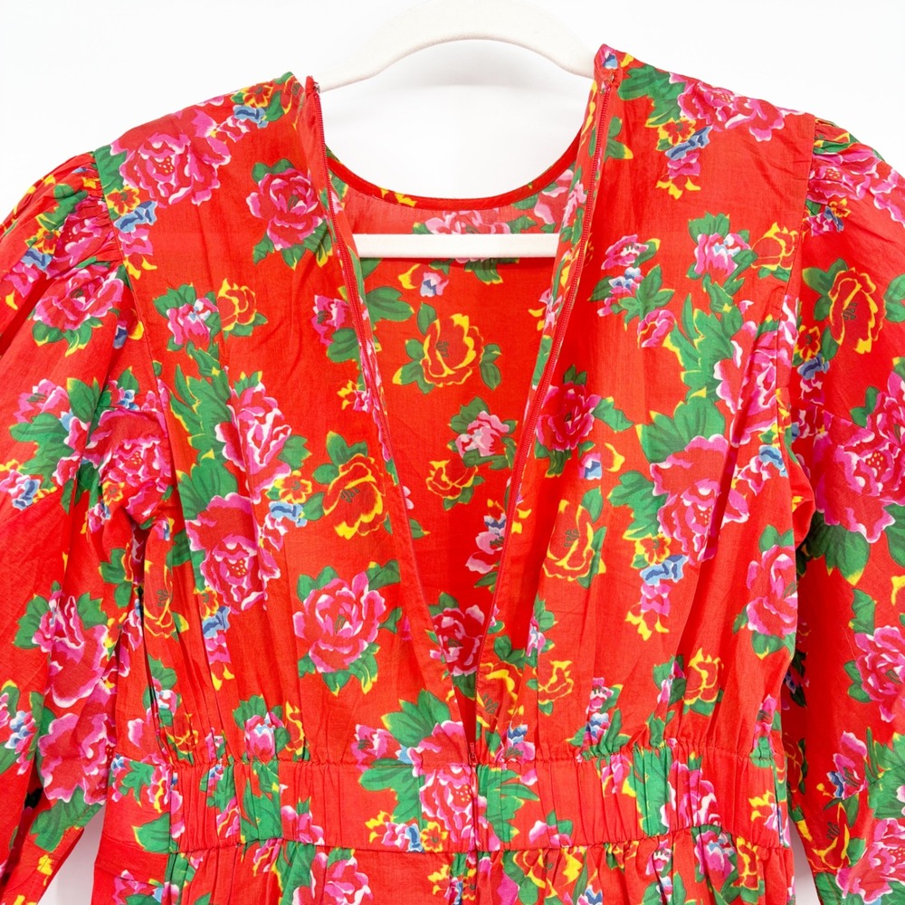Rhode Women Red Dazzle Floral Ruched Pia Puff Sleeve Romantic Mini Dress Size XS - Picture 8 of 9